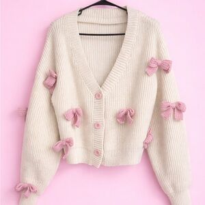Cream and Pink Bow Accent Women's Sweater